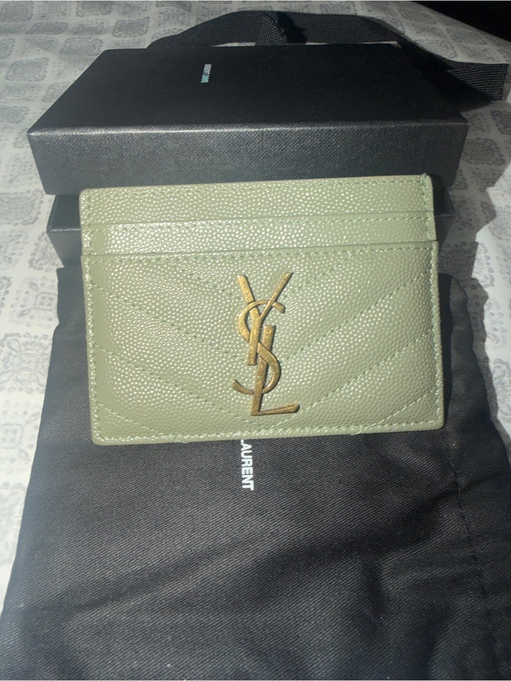 Saint Laurent Olive Green Quilted Leather Card Holder with Gold YSL Logo